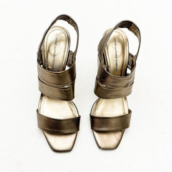 Diane Von Furstenberg Pava Metallic Ankle Strap Sandals Block Heel Size 9.5 - Picture 1 of 6